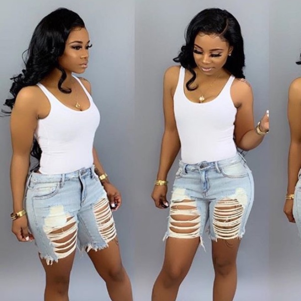 Highwaist Denim Distressed Bermuda Shorts